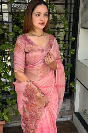 Pink glass tissue position print handstitch butta work saree with matching blouse piece