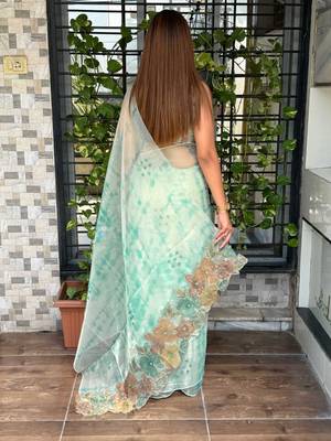 Sea green glass tissue position print handstitch butta work saree with matching blouse piece 2