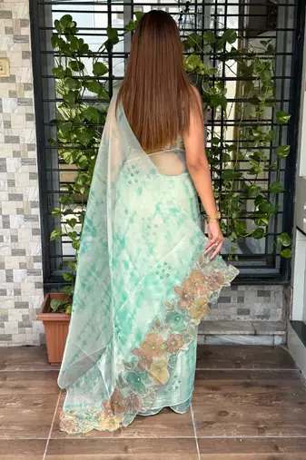 Sea green glass tissue position print handstitch butta work saree with matching blouse piece