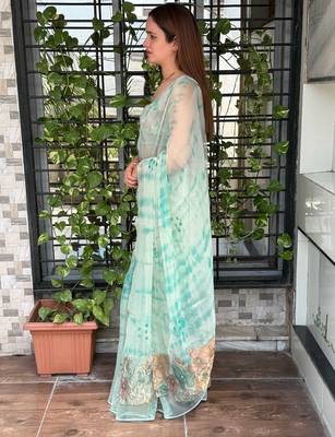 Sea green glass tissue position print handstitch butta work saree with matching blouse piece 3