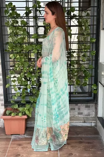 Sea green glass tissue position print handstitch butta work saree with matching blouse piece
