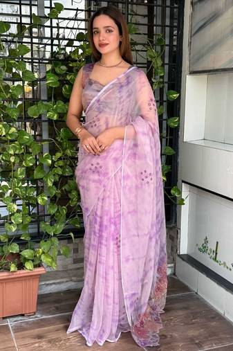 Lavender glass tissue position print handstitch butta work saree with matching blouse piece