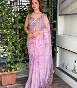 Lavender glass tissue position print handstitch butta work saree with matching blouse piece