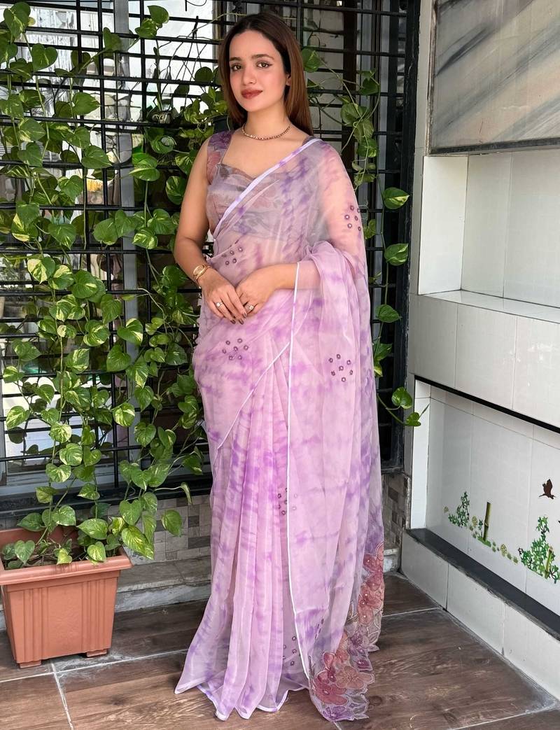 Lavender glass tissue position print handstitch butta work saree with matching blouse piece
