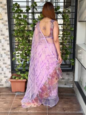 Lavender glass tissue position print handstitch butta work saree with matching blouse piece 2