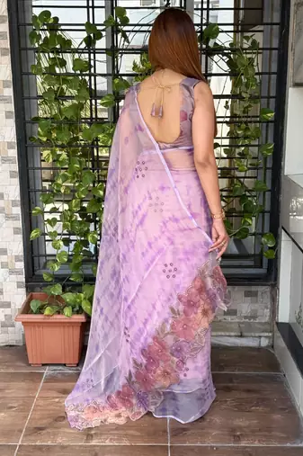 Lavender glass tissue position print handstitch butta work saree with matching blouse piece