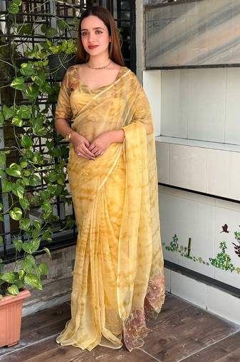 Yellow glass tissue position print handstitch butta work saree with matching blouse piece