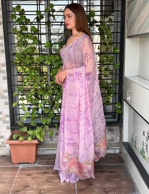 Lavender glass tissue position print handstitch butta work saree with matching blouse piece 3