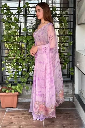 Lavender glass tissue position print handstitch butta work saree with matching blouse piece