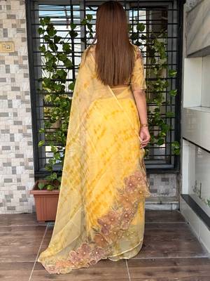 Yellow glass tissue position print handstitch butta work saree with matching blouse piece 2