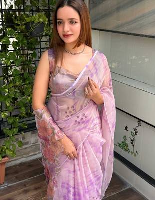 Lavender glass tissue position print handstitch butta work saree with matching blouse piece 4