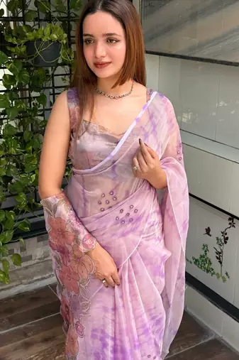 Lavender glass tissue position print handstitch butta work saree with matching blouse piece