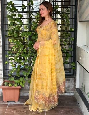 Yellow glass tissue position print handstitch butta work saree with matching blouse piece 3