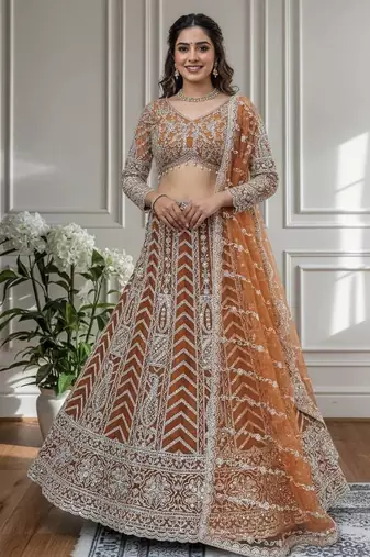 Orange Color Sequins and Codding Embroidery Work Net Lahenga Choli Set