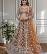 Orange Color Sequins and Codding Embroidery Work Net Lahenga Choli Set
