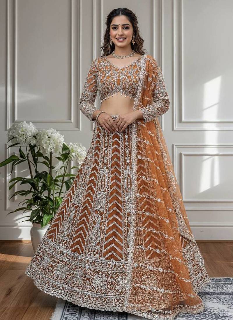Orange Color Sequins and Codding Embroidery Work Net Lahenga Choli Set