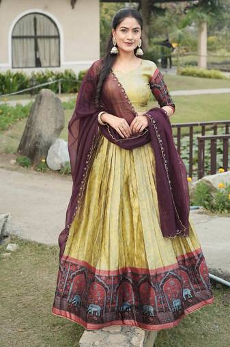 Cream Color Zari Weaving Work Silk Kalamkari Lehenga Choli With Unstitched Blouse