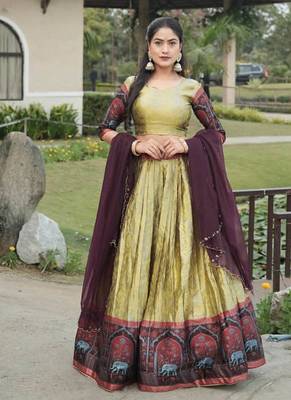 Cream Color Zari Weaving Work Silk Kalamkari Lehenga Choli With Unstitched Blouse 2