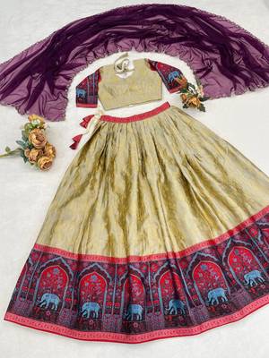 Cream Color Zari Weaving Work Silk Kalamkari Lehenga Choli With Unstitched Blouse 4