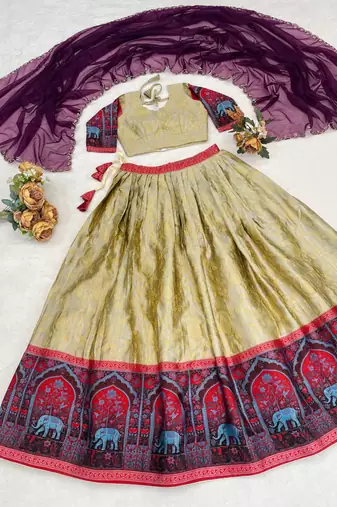 Cream Color Zari Weaving Work Silk Kalamkari Lehenga Choli With Unstitched Blouse