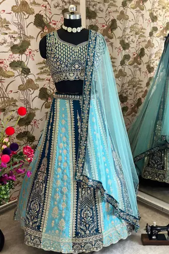 Sky Blue Color Sequins and   Embroidery Work Faux Gorgette Lahenga Set