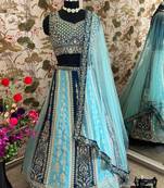 Sky Blue Color Sequins and   Embroidery Work Faux Gorgette Lahenga Set