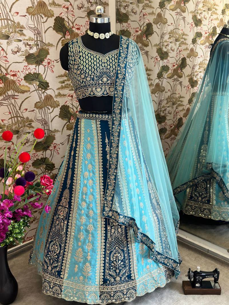Sky Blue Color Sequins and   Embroidery Work Faux Gorgette Lahenga Set