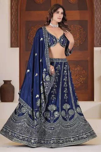 Blue Color Sequins and Zari  Embroidery Work  Chinon Silk Lahenga Choli Set