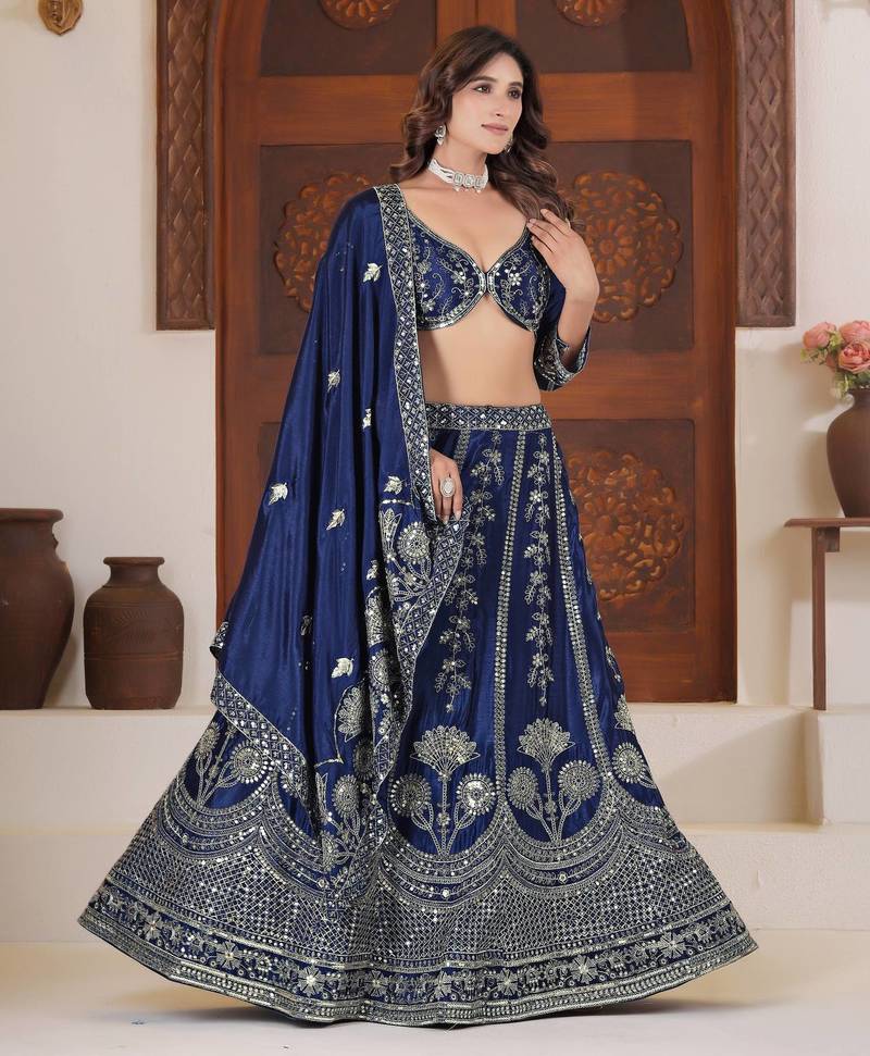 Blue Color Sequins and Zari  Embroidery Work  Chinon Silk Lahenga Choli Set