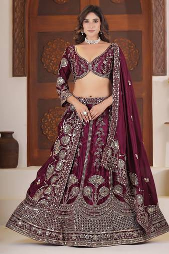 Wine Color Sequins and Zari  Embroidery Work  Chinon Silk Lahenga Choli Set