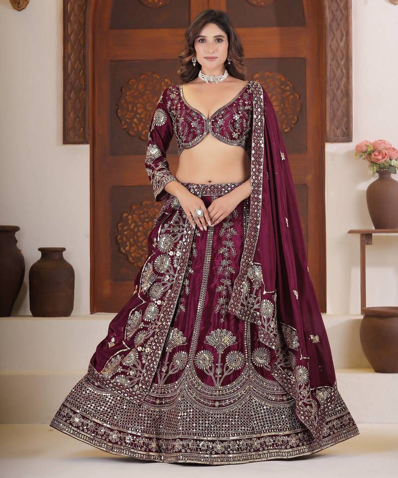 Wine Color Sequins and Zari  Embroidery Work  Chinon Silk Lahenga Choli Set