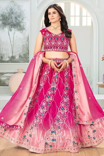 Rani Pink Color  Sequins and Treads  Embroidery Work Chinon Silk Lahenga Choli Set