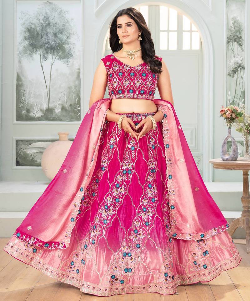 Rani Pink Color  Sequins and Treads  Embroidery Work Chinon Silk Lahenga Choli Set