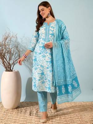 Blue printed cotton kurta set with dupatta 1
