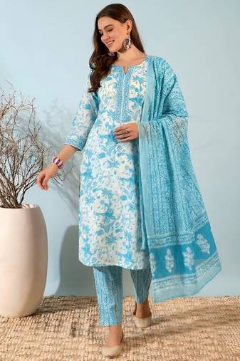 Blue printed cotton kurta set with dupatta