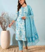 Blue printed cotton kurta set with dupatta