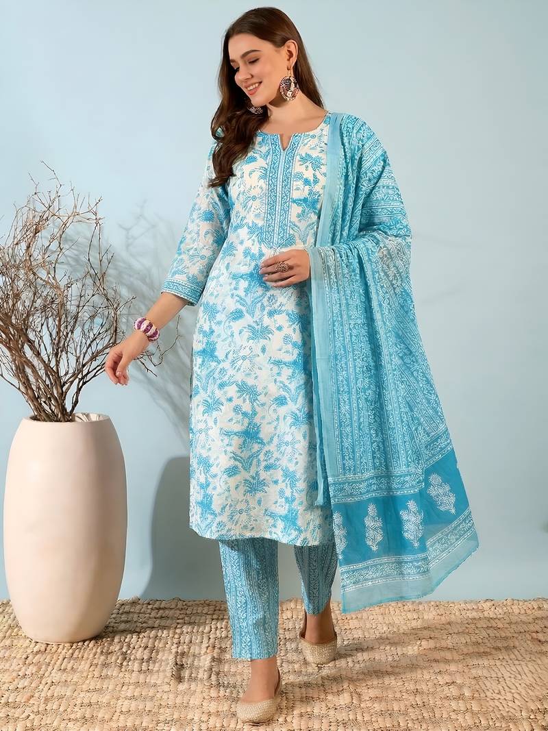 Blue printed cotton kurta set with dupatta