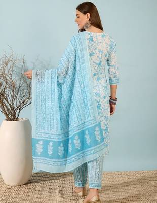Blue printed cotton kurta set with dupatta 2