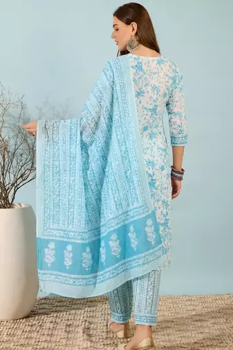 Blue printed cotton kurta set with dupatta