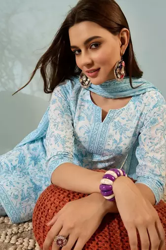 Blue printed cotton kurta set with dupatta