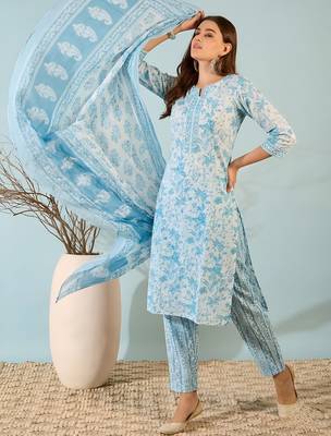 Blue printed cotton kurta set with dupatta 4