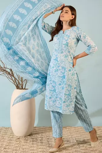 Blue printed cotton kurta set with dupatta