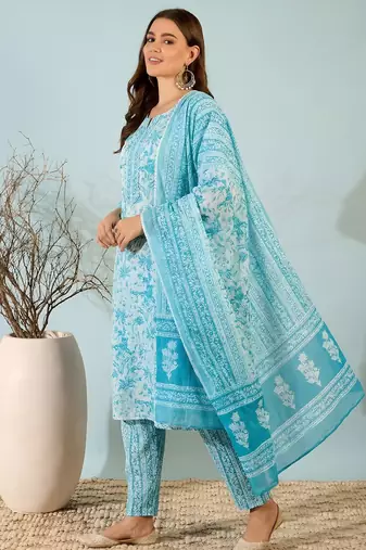 Blue printed cotton kurta set with dupatta