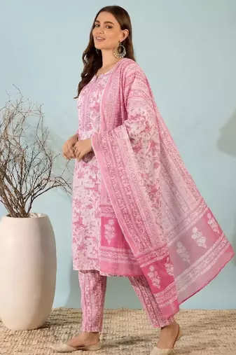 Blush pink printed cotton kurta set with dupatta