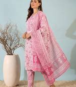 Blush pink printed cotton kurta set with dupatta