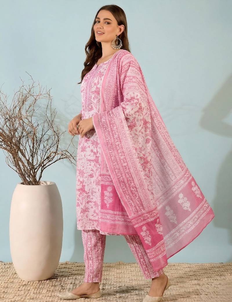 Blush pink printed cotton kurta set with dupatta