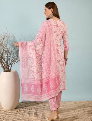 Blush pink printed cotton kurta set with dupatta 2