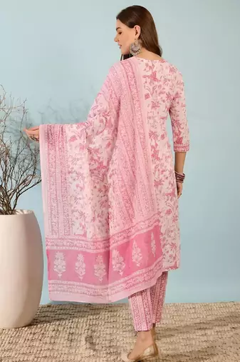 Blush pink printed cotton kurta set with dupatta