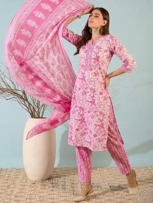 Blush pink printed cotton kurta set with dupatta 3