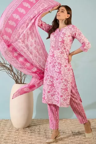 Blush pink printed cotton kurta set with dupatta